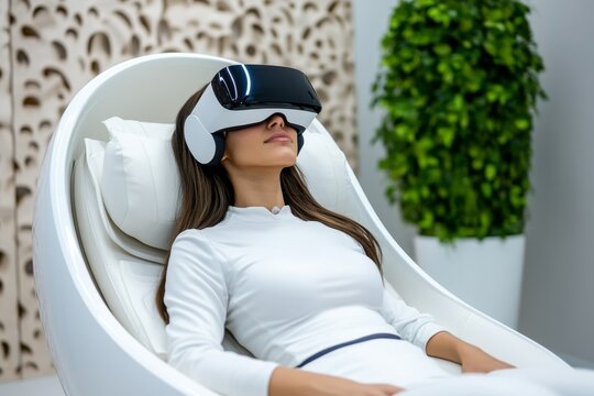 A cyberpunk spa with holographic screens, futuristic relaxation pods, and people immersed in virtual reality experiences, capturing the high-tech hedonistic pleasures of a dystopian future,