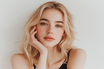 Naklejka premium Beautiful blonde woman with clean, fresh skin touching her face on a white background