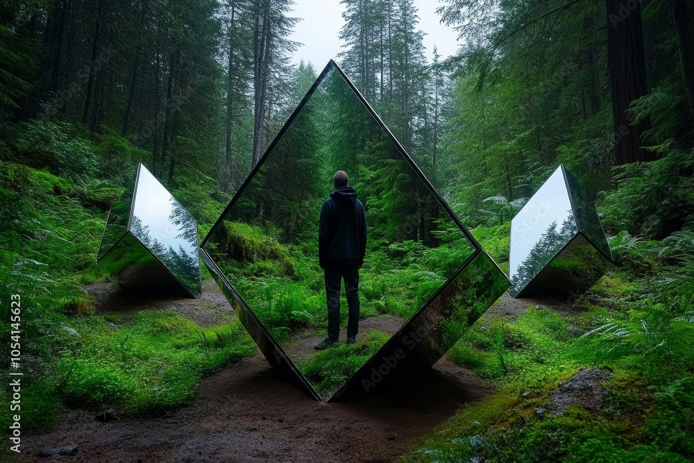 Aufkleber a figure standing in a dark, foggy forest surrounded by mirrors that only show their face, capturing