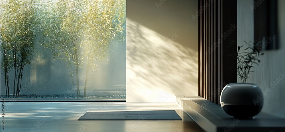 Aufkleber Minimalist interior design with a view of a lush green garden through a large window. Sunlight streams through the window, 