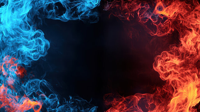 Abstract blue and red fire flames frame on black background. Template or banner, creative design with copyspace