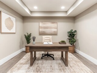 Stylish basement office with a standing desk, neutral palette, and inspiring wall art