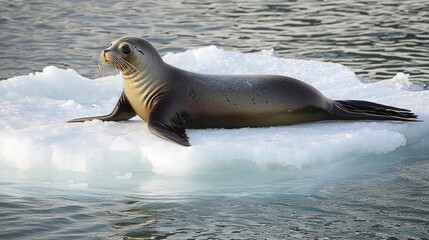 A lone sea lion rests on a small ice floe in the open ocean.