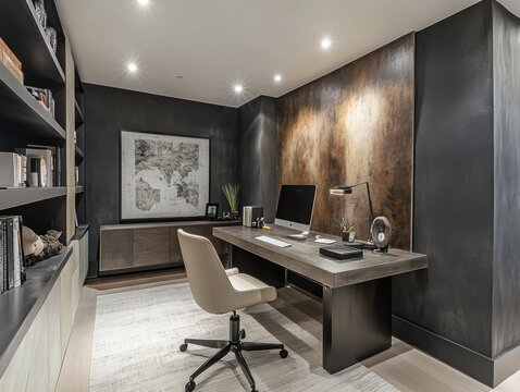 Stylish basement office with a standing desk, neutral palette, and inspiring wall art