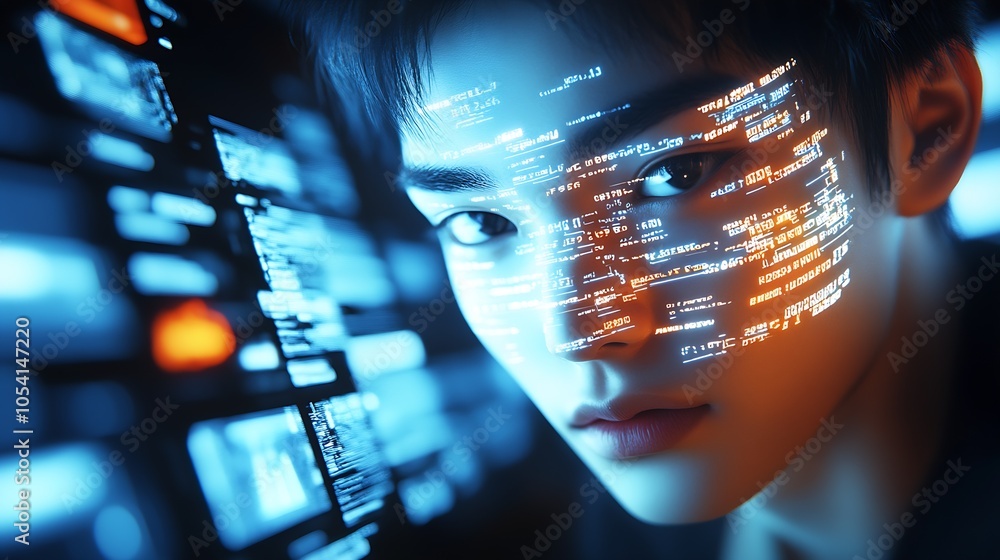 Aufkleber futuristic technology concept with holographic interface across human face in low light : generative