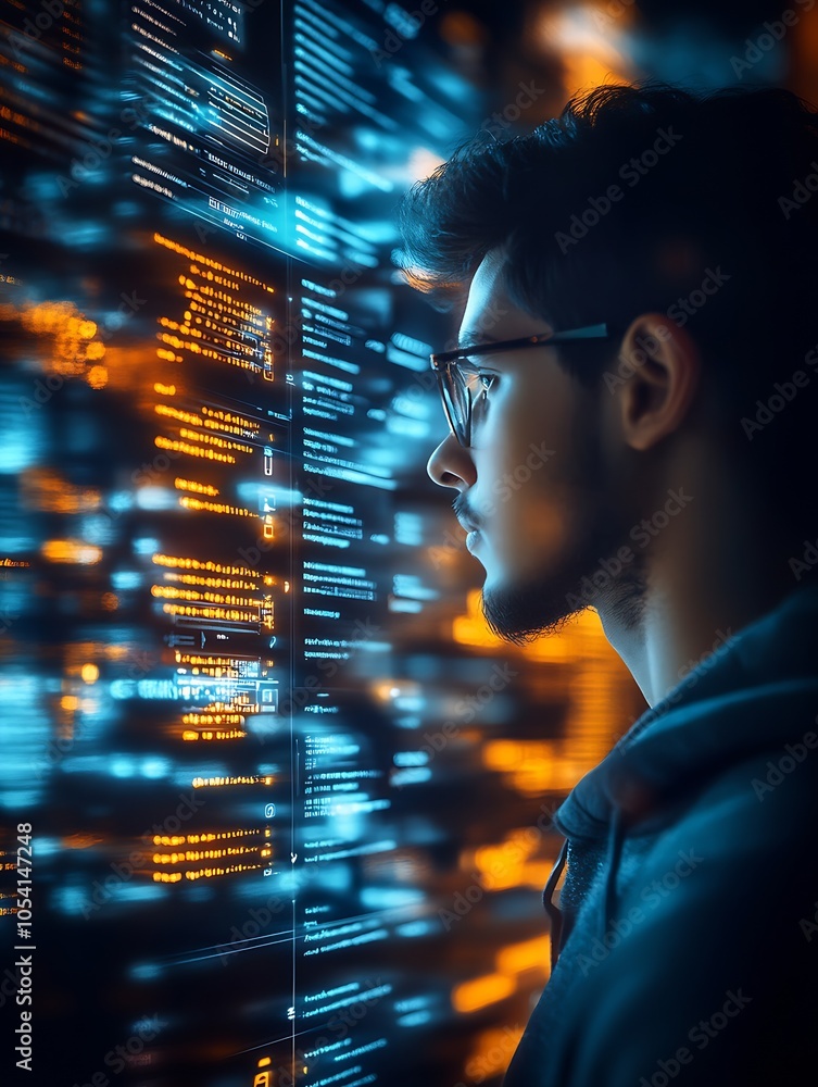 Poster Young Male Programmer Wearing Glasses Immersed in Software Code Display : Generative AI