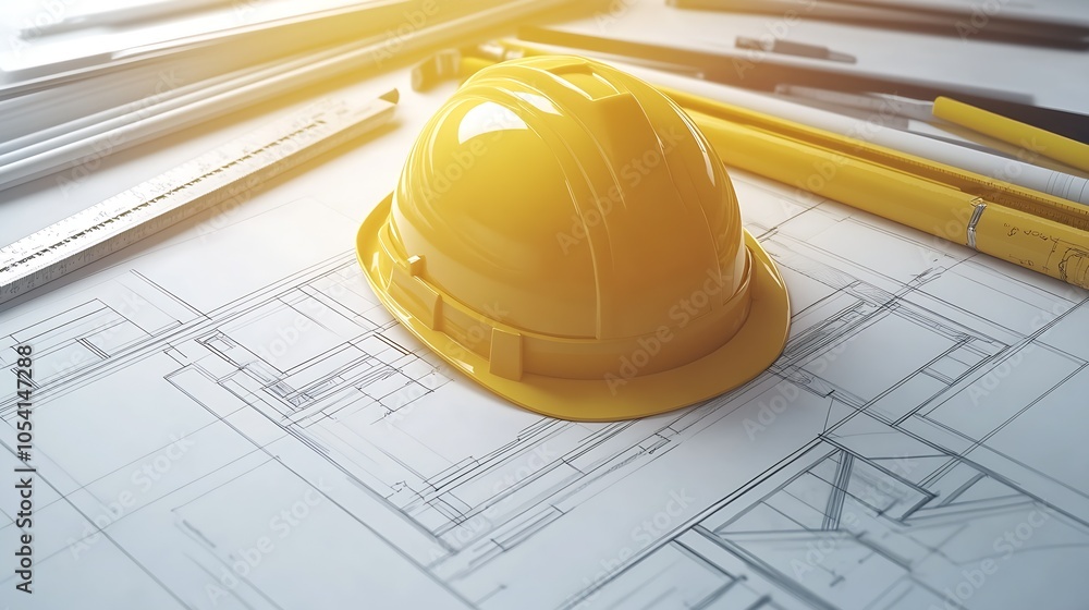 Poster Architectural Planning with Hard Hat Blueprints and Measuring Tools : Generative AI