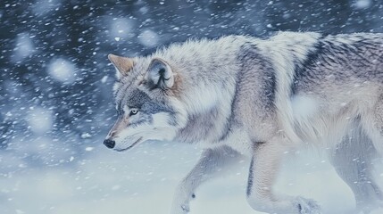 Fototapeta premium A lone wolf walks through a snowy forest, its fur blending with the falling snow.