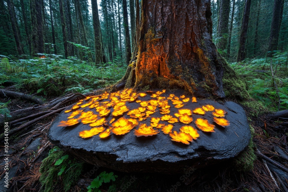 Poster a mystical forest glowing with ethereal light, mythical creatures resting among the trees, capturing
