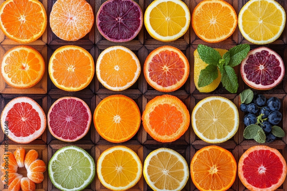 Poster flat lay of various sliced citrus fruits arranged in a circular pattern symbolizing freshness health