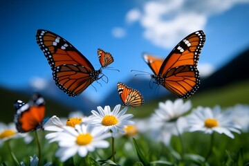 Fototapeta premium A peaceful meadow filled with wildflowers, butterflies fluttering around, and mountains in the background, capturing the belief in nature as a reflection of the divine, symbolizing simplicity