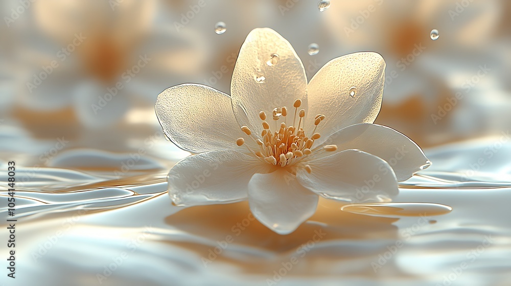 Poster Delicate Jasmine Blossom Floating on Soft Rippling Water with Droplets : Generative AI