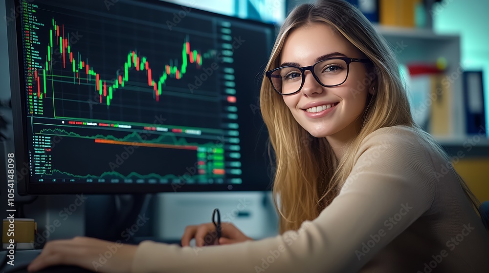 Poster confident woman engaged in financial analysis with stock trading charts on computer : generative ai