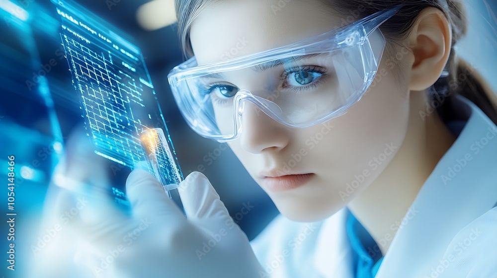 Poster Focused Young Scientist in Protective Goggles Analyzing Digital Data in Lab : Generative AI