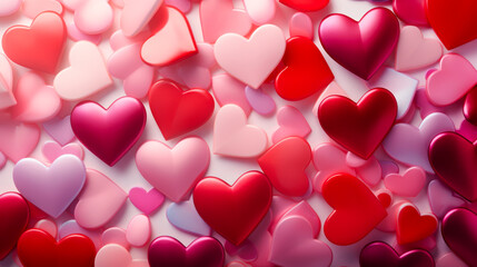 A vibrant assortment of pink, red, and purple heart shapes fills the frame, symbolizing love, affection, and Valentine's Day themes