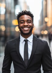 Fototapeta premium Confident young businessman wearing a suit, smiling widely in an urban environment, symbolizing professionalism and success.