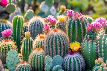 Many different cacti growing and blooming in botanical garden