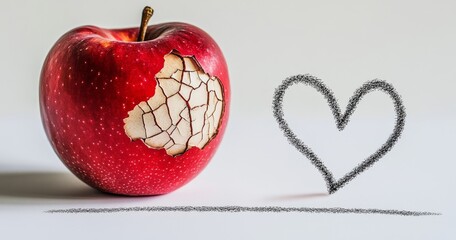 Obraz premium A red apple with a brittle skin part and a heart drawn next to it. Health care concept