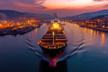 Obraz premium Large container ship leaving industrial port at sunset