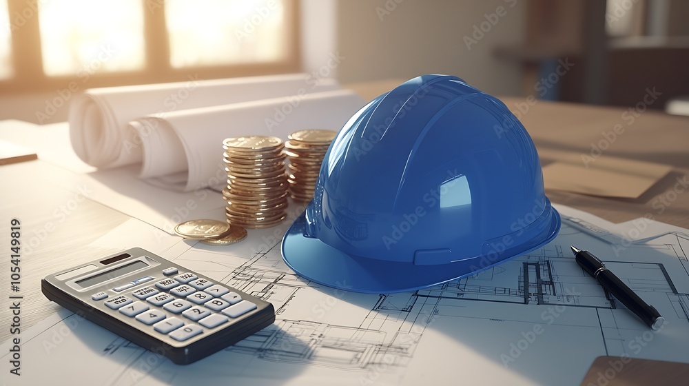 Poster blue hard hat with construction blueprints calculator and coins on desk : generative ai