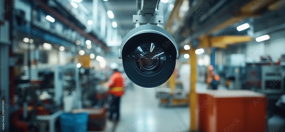 Aufkleber security camera in a factory, overlooking a busy workspace.