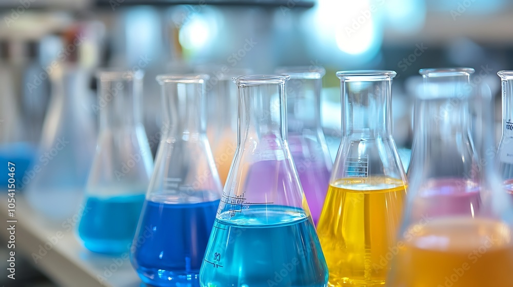 Aufkleber Bright Collection of Laboratory Flasks Featuring Colorful Solutions Unveiling Chemistry Experiments : Generative AI