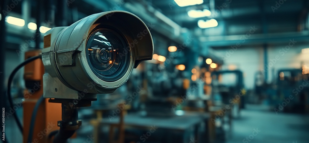 Aufkleber Security camera lens focused in a factory setting with a blurry background of machinery.