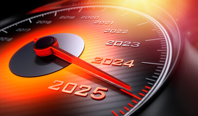 Fototapeta premium Dark stylish speedometer with orange light and needle moving to the year 2024 - 3d illustration