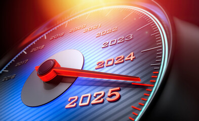Dark stylish speedometer with blue light and needle moving to the year 2024 - 3d illustration