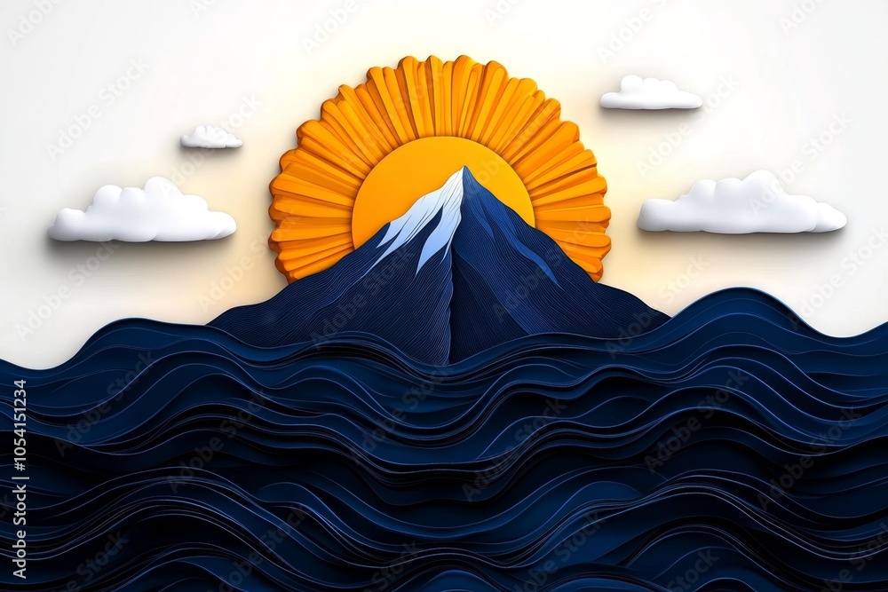 Poster abstract minimalist design of a sun rising over a mountain, with clean lines and soft colors capturi