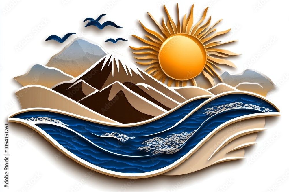 Poster abstract minimalist design of a sun rising over a mountain, with clean lines and soft colors capturi