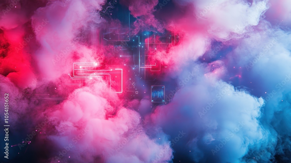 Aufkleber abstract digital network connection with neon glowing lines and particles in a red and blue smoke cl