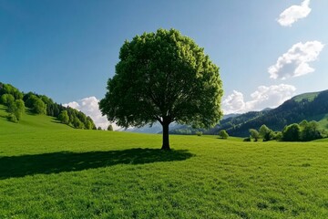 Fototapeta premium An open field with a lone tree standing tall, symbolizing the pantheistic sense of the divine in every part of nature, even in solitude, capturing beauty and strength