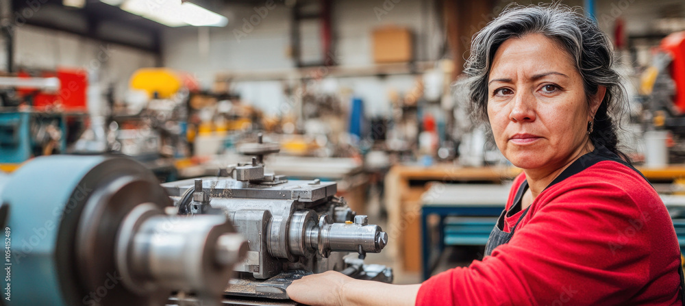 Poster female machinist operating lathe machine in metalworking workshop