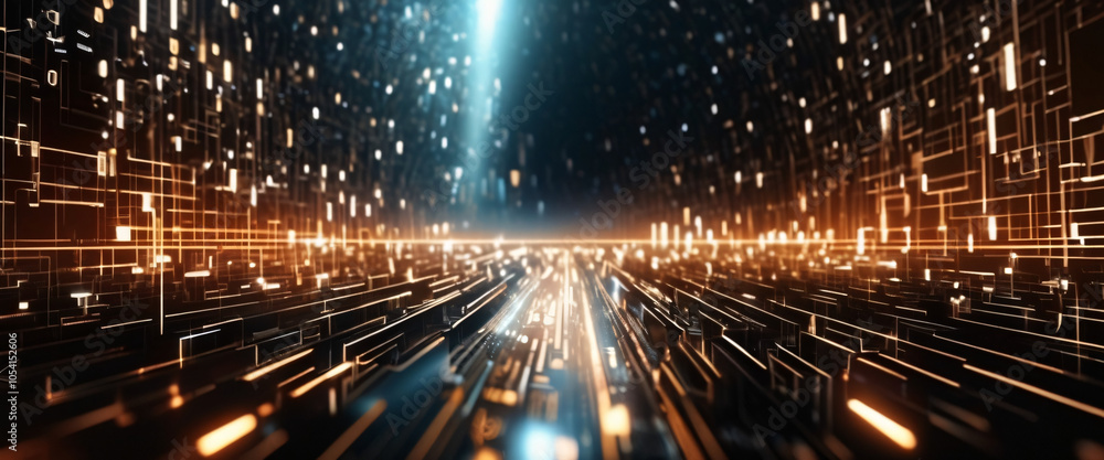 Poster digital river of light: abstract digital art depicting a futuristic tunnel of glowing lines and part