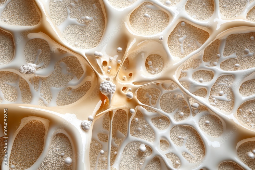 Poster Hyper-realistic microscope view of a stem cell turning into bone and nerve cells, with intricate textures and fine details showing the development stages, capturing the profound complexity of