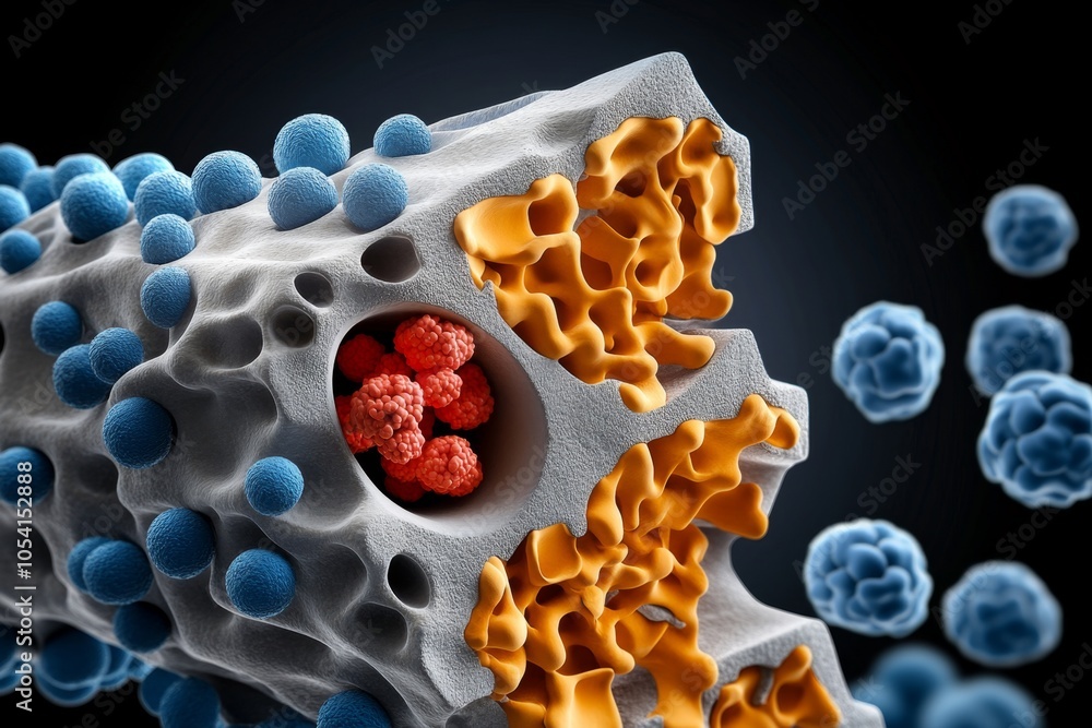 Poster Hyper-realistic microscope view of a stem cell turning into bone and nerve cells, with intricate textures and fine details showing the development stages, capturing the profound complexity of
