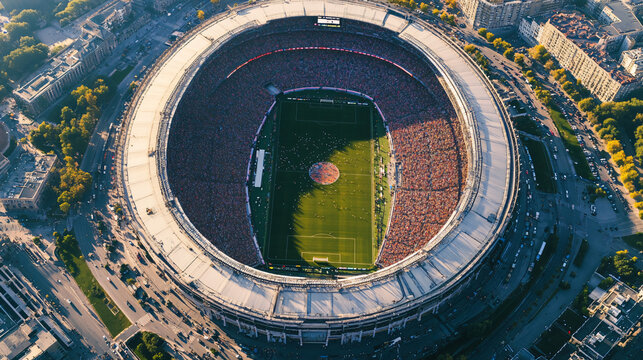 Aerial view from drone, large stadium filled with crowds during a sporting event