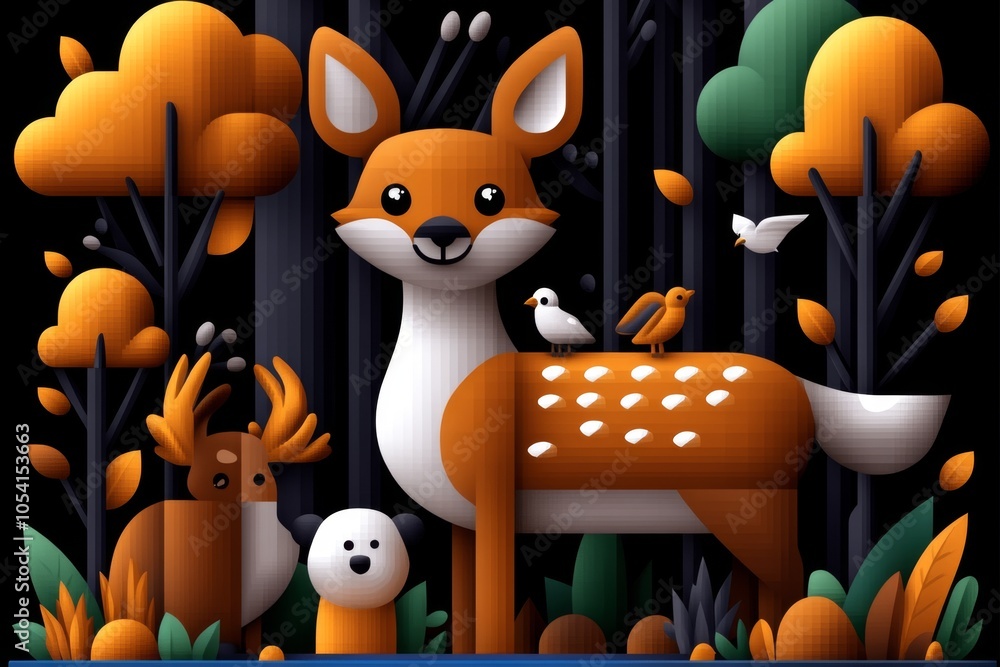 Poster pixel art of a peaceful forest with pixelated animals, trees, and a river, capturing the simplicity 