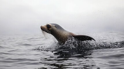 Fototapeta premium A sea lion leaps out of the water, creating a spray of water droplets.