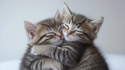 Obraz premium Two playful kittens cuddle closely, showcasing their affectionate bond and fluffy fur