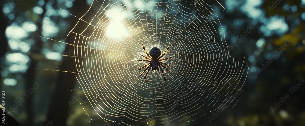 Poster spider in a web, captured in front of a sun flare with a background of blurred forest.