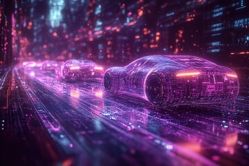 Futuristic cars drive on a neon-lit highway.