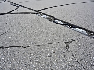 Obraz premium Close-up of rough textured asphalt surface with small cracks and pebbles scattered throughout, rough, cracks