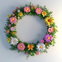 Obraz premium Colorful 3D Flower Wreath on White Background