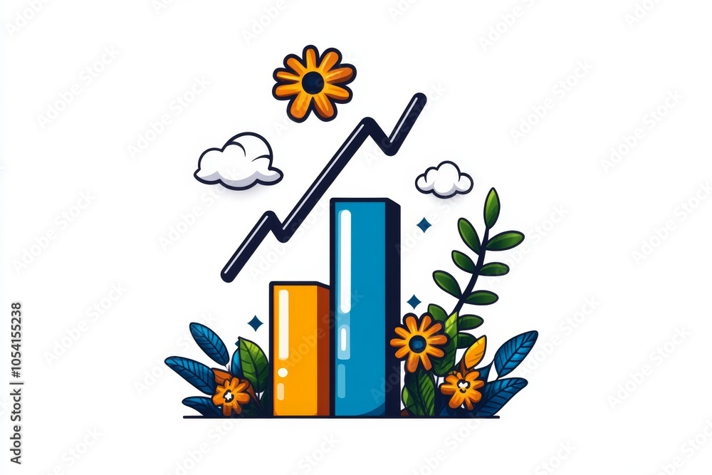 Poster a 2d cartoon illustration of a bar chart with increasing profits successful business performance whi