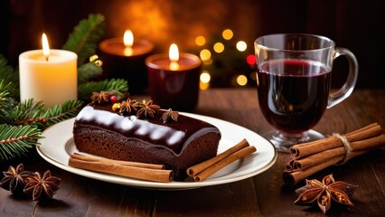 A festive chocolate Yule log adorned with cinnamon and star anise sits on a platter beside candles, fir branches, and a glass of mulled wine.