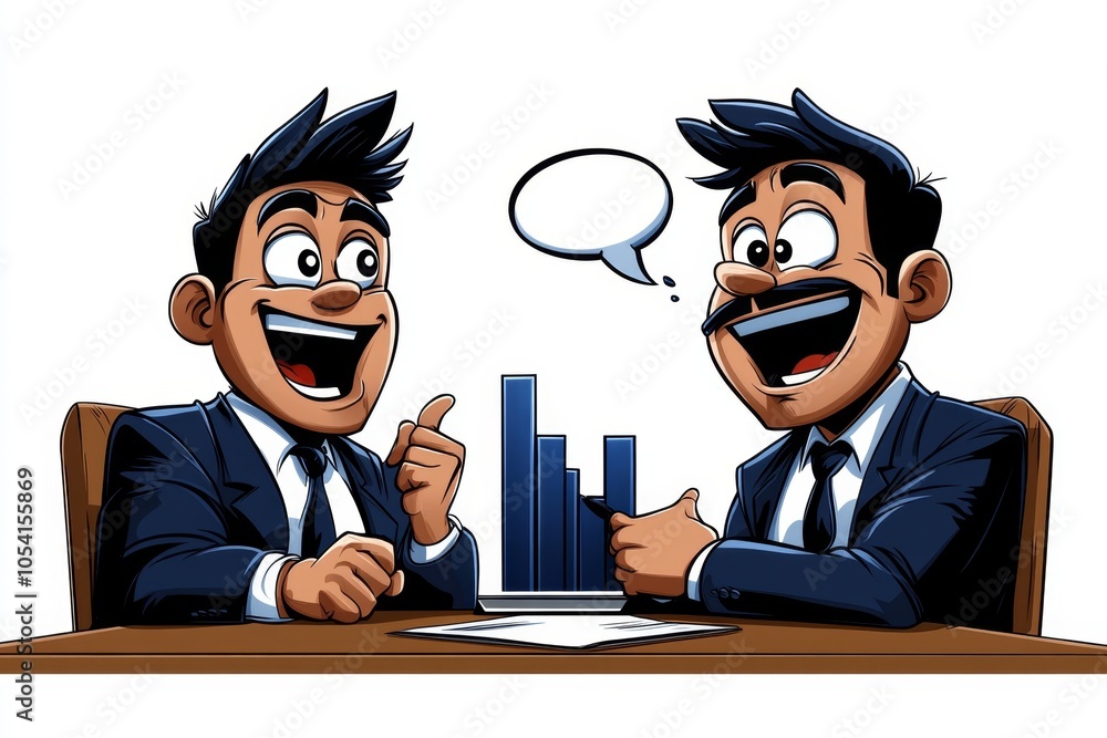 Poster a 2d cartoon illustration of a business presentation with a bar graph rising showcasing growth white