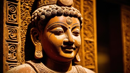 Obraz premium A traditional clay bust with ornate patterns, evoking historical and spiritual significance, ideal for museums or private collections.