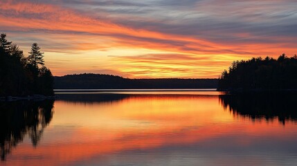 Obraz premium A stunning sunrise over a calm lake with silhouetted trees and a fiery sky reflected in the water.